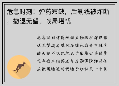 危急时刻！弹药短缺，后勤线被炸断，撤退无望，战局堪忧