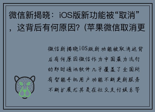 微信新揭晓：iOS版新功能被“取消”，这背后有何原因？(苹果微信取消更新)