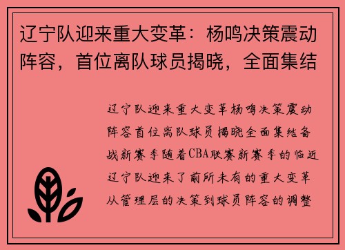 辽宁队迎来重大变革：杨鸣决策震动阵容，首位离队球员揭晓，全面集结备战新赛季