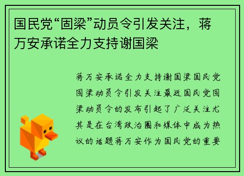 国民党“固梁”动员令引发关注，蒋万安承诺全力支持谢国梁